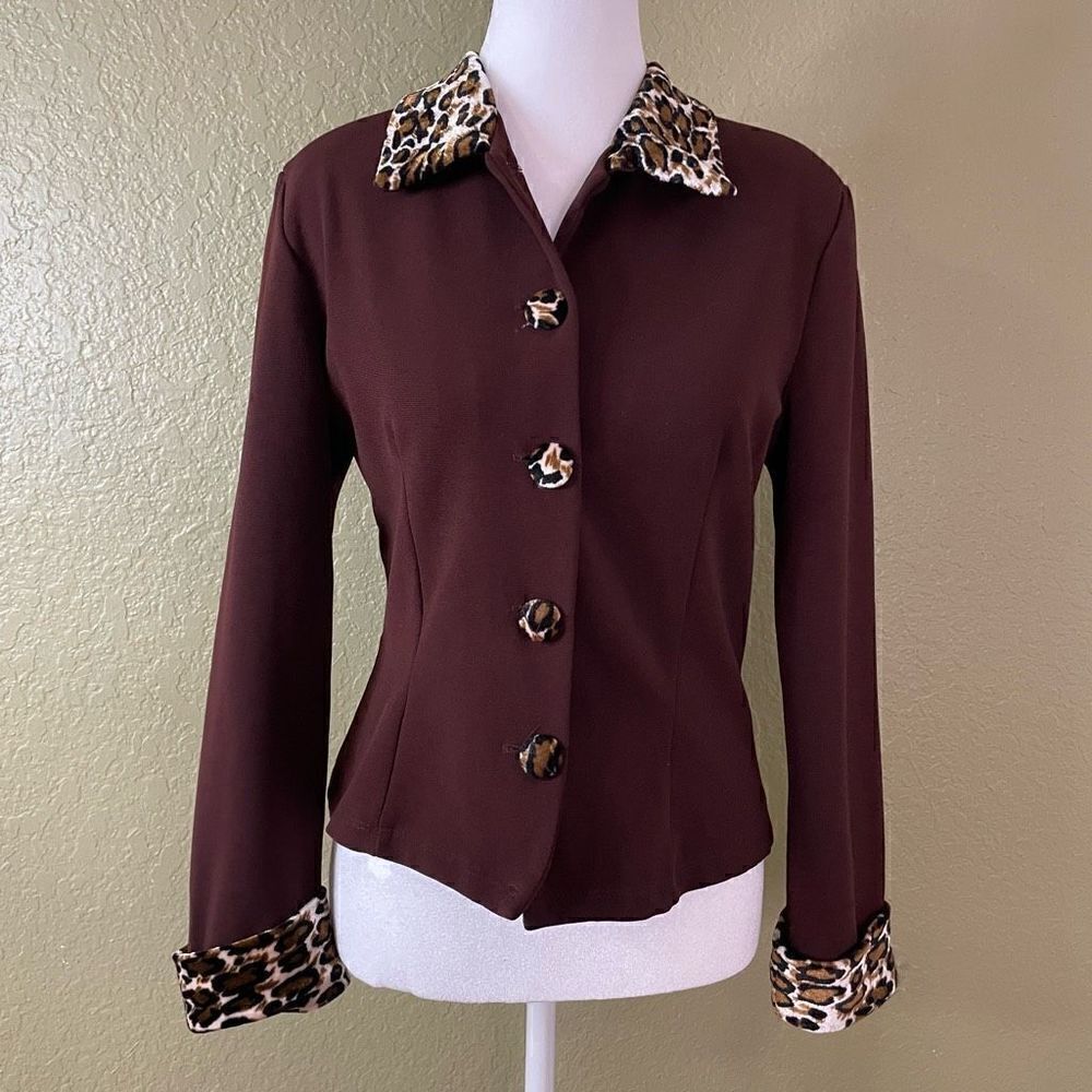 Vintage Two Stars Womens Small Cheetah Print Collared Cuffed 4 Button Blazer USA